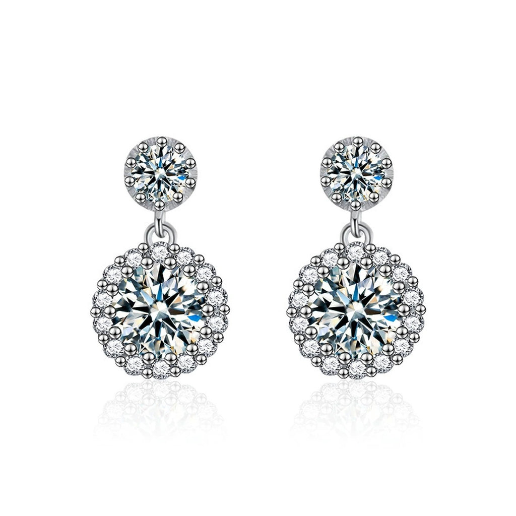 Double Halo Round Moissanite Stud Dangle Earrings with CZ in White Gold-Plated S925 sterling silver white background product photo showing the pair, stone shape, and stud dangle earrings silhouette