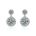 Double Halo Round Moissanite Stud Dangle Earrings with CZ in White Gold-Plated S925 sterling silver white background product photo showing the pair, stone shape, and stud dangle earrings silhouette