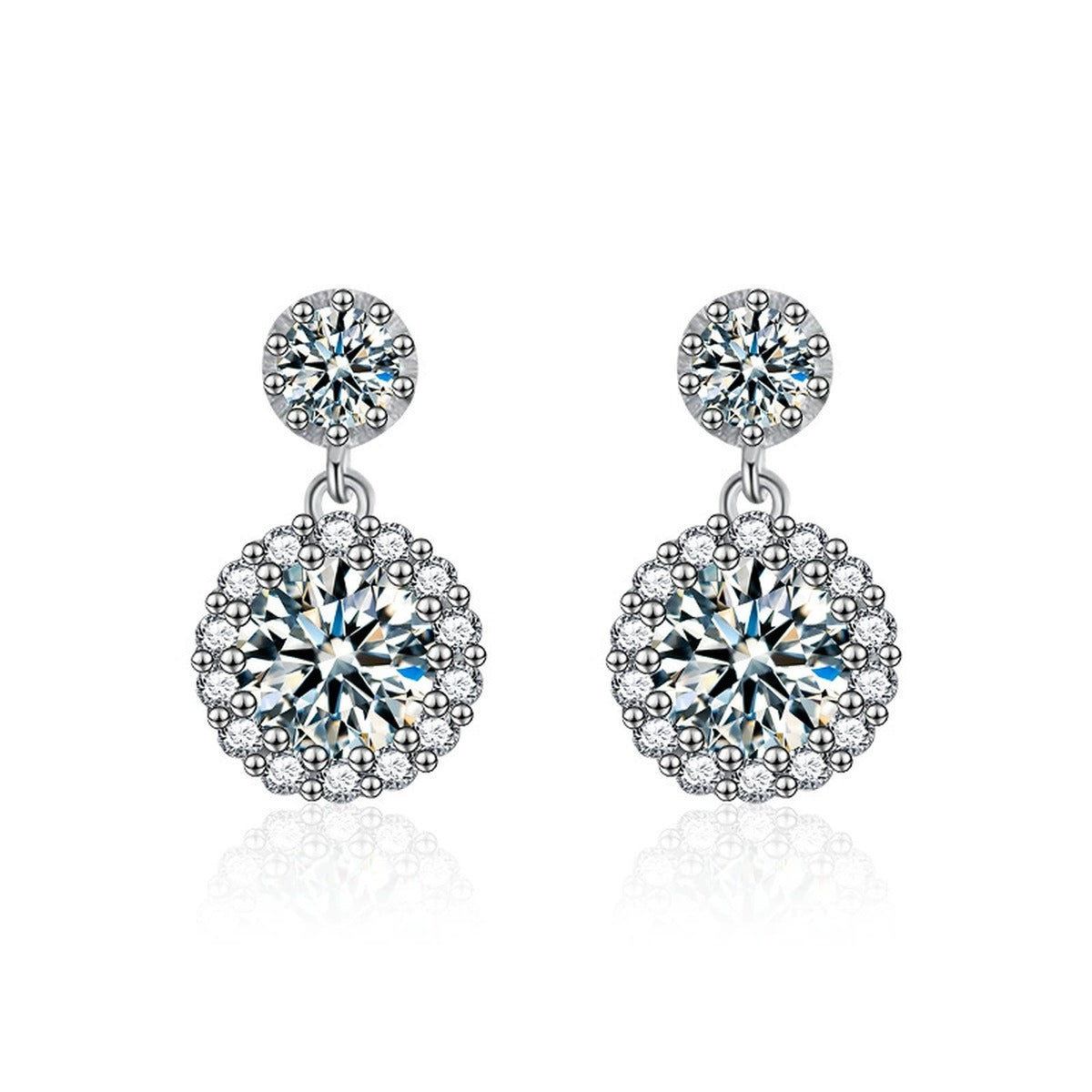 Double Halo Round Moissanite Stud Dangle Earrings with CZ in White Gold-Plated S925 sterling silver white background product photo showing the pair, stone shape, and stud dangle earrings silhouette