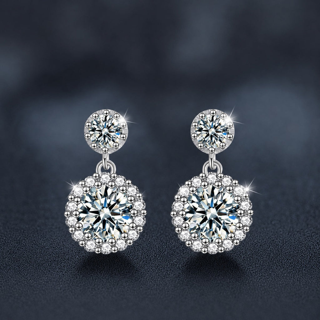 Double Halo Round Moissanite Stud Dangle Earrings with CZ in White Gold-Plated S925 sterling silver product scene view showing front sparkle