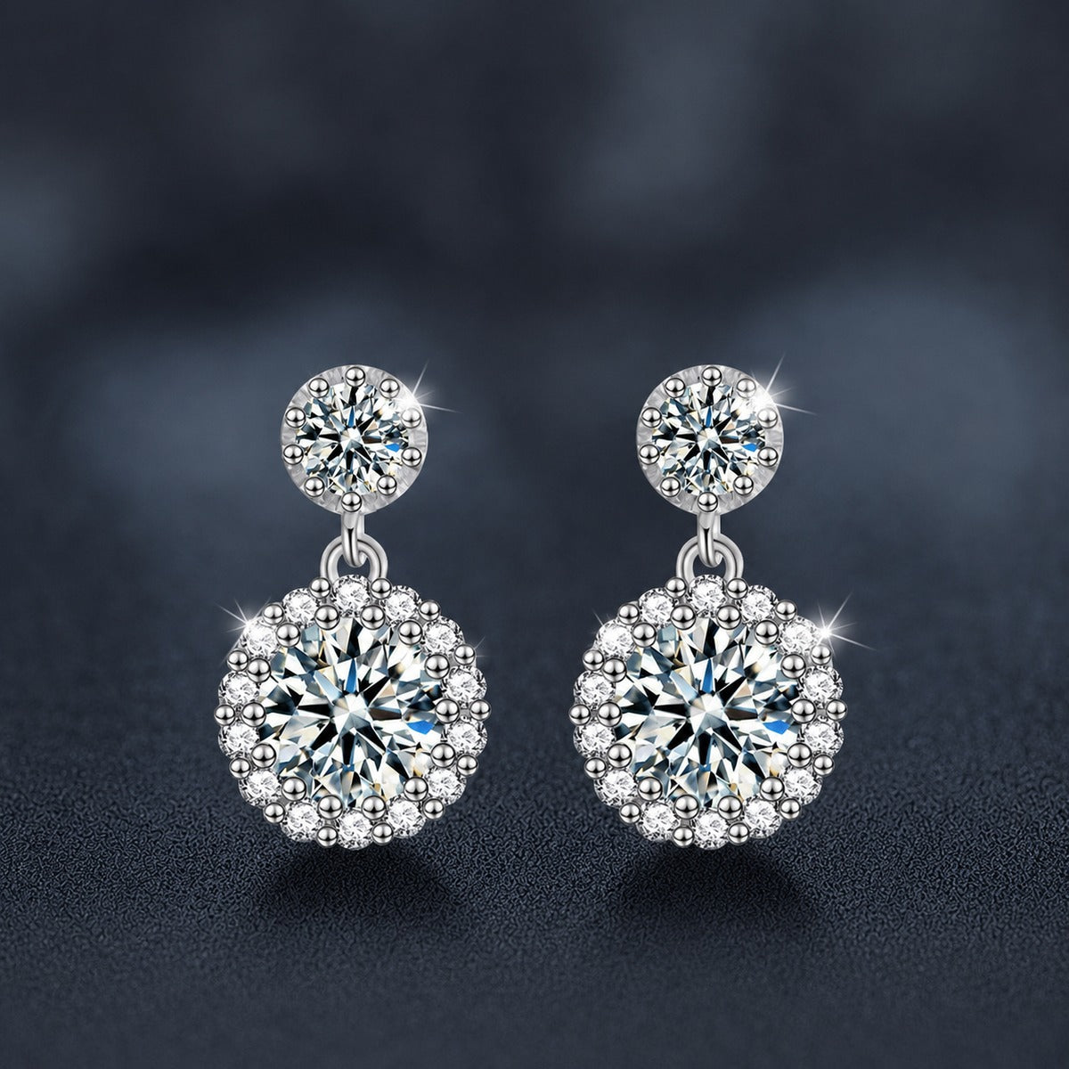 Double Halo Round Moissanite Stud Dangle Earrings with CZ in White Gold-Plated S925 sterling silver product scene view showing front sparkle
