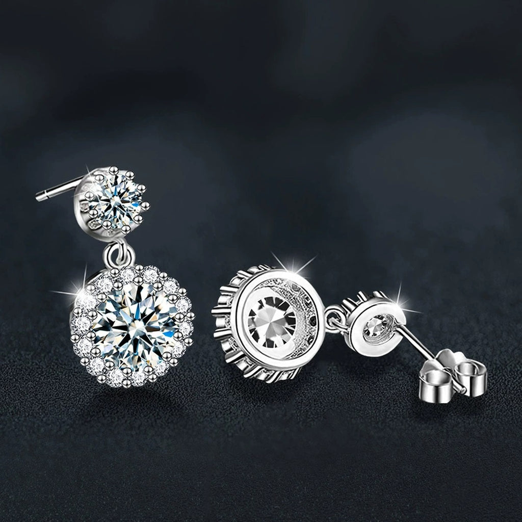 Double Halo Round Moissanite Stud Dangle Earrings with CZ in White Gold-Plated S925 sterling silver product scene view showing angled setting detail