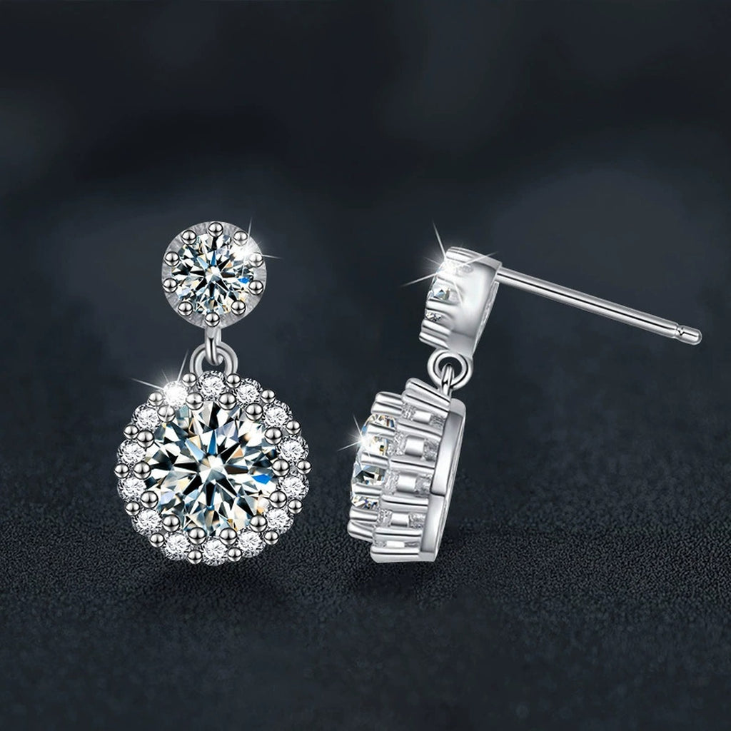 Double Halo Round Moissanite Stud Dangle Earrings with CZ in White Gold-Plated S925 sterling silver product scene view showing side profile
