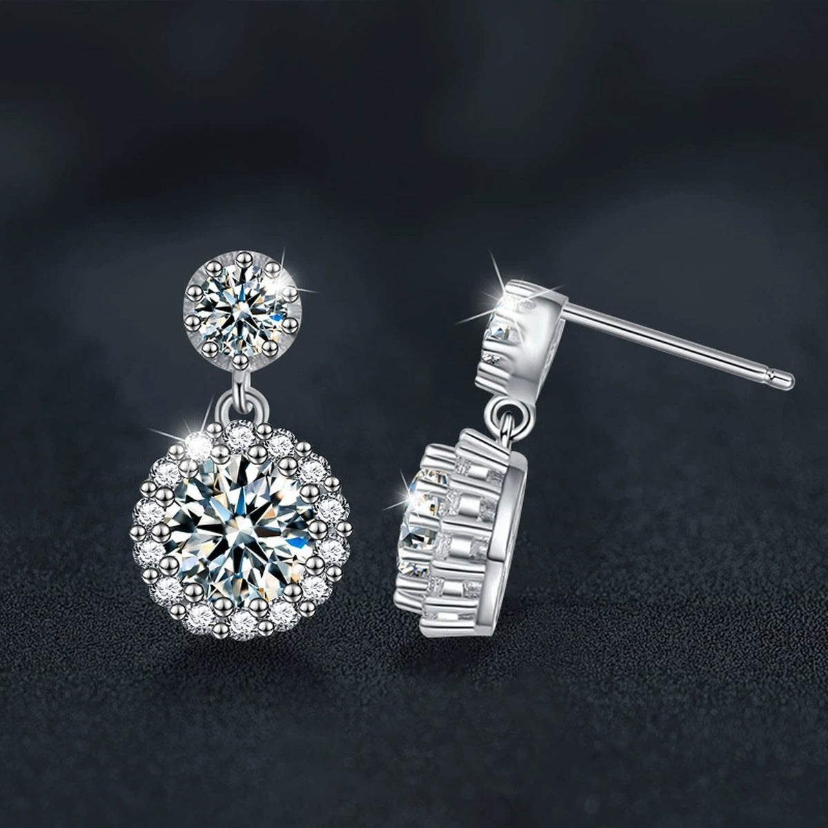 Double Halo Round Moissanite Stud Dangle Earrings with CZ in White Gold-Plated S925 sterling silver product scene view showing side profile