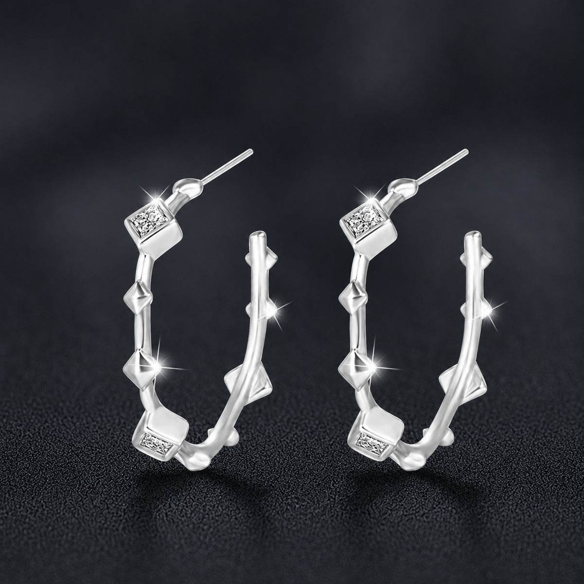 Princess-Cut Moissanite Geometric Stud Hoop Earrings in Gold-Plated S925 sterling silver product scene view showing angled setting detail
