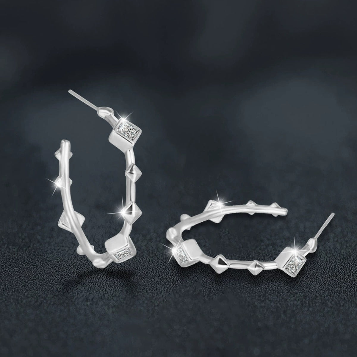Princess-Cut Moissanite Geometric Stud Hoop Earrings in Gold-Plated S925 sterling silver product scene view showing side profile
