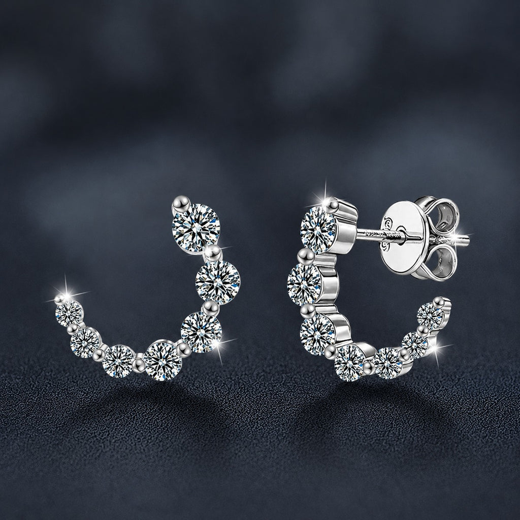 Crescent Moon Graduated Moissanite Stud Drop Earrings in Gold-Plated S925 sterling silver product scene view showing front sparkle