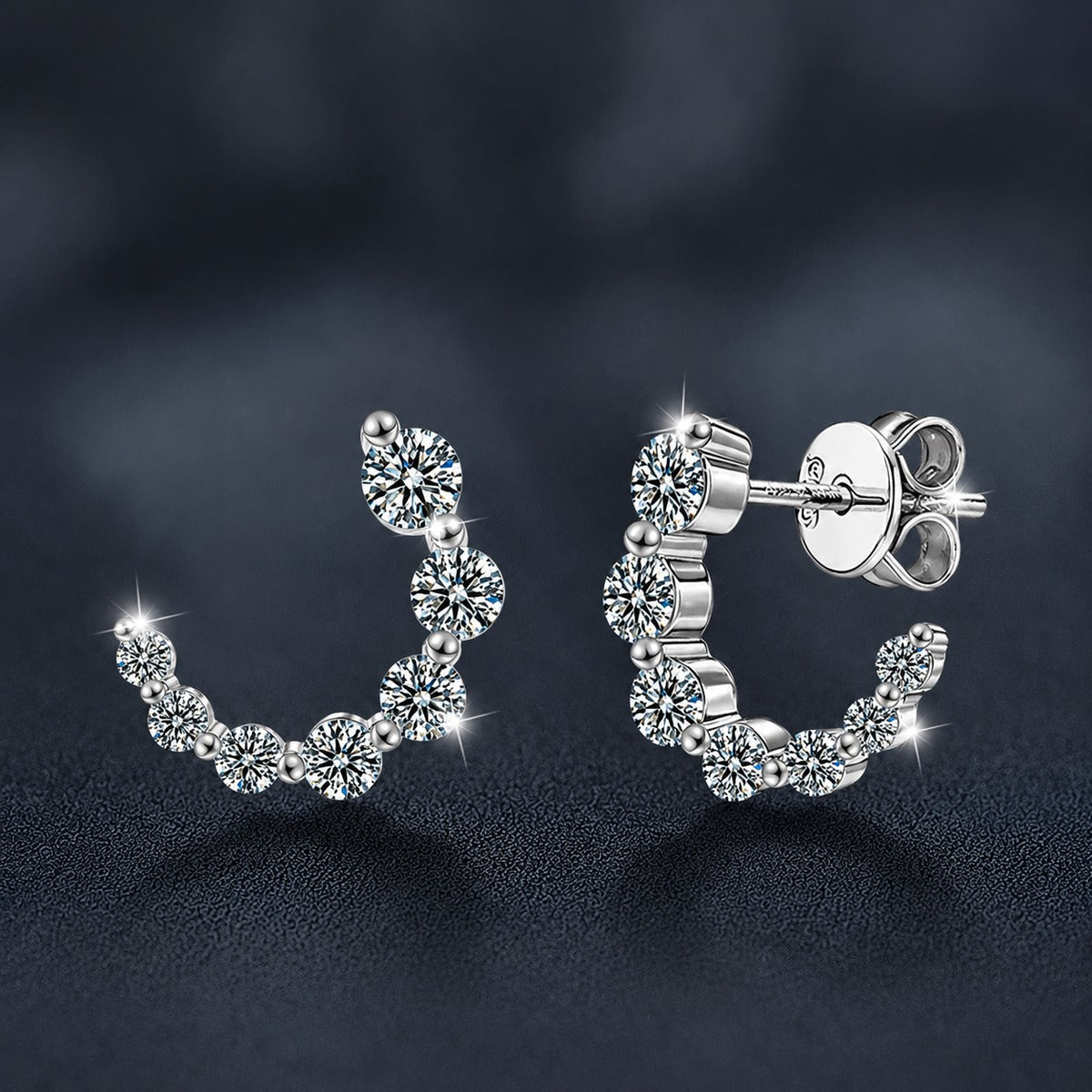 Crescent Moon Graduated Moissanite Stud Drop Earrings in Gold-Plated S925 sterling silver product scene view showing front sparkle