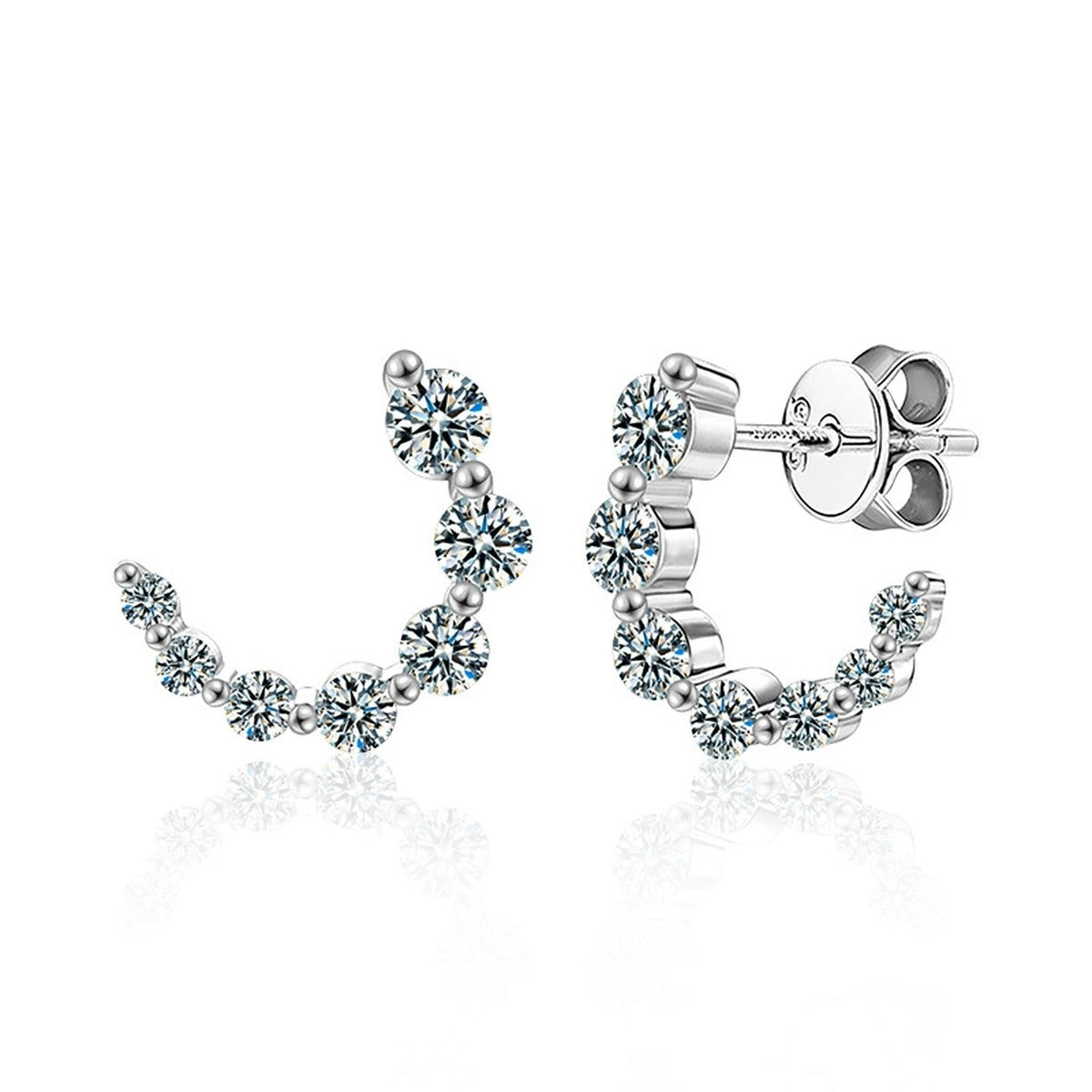 Crescent Moon Graduated Moissanite Stud Drop Earrings in Gold-Plated S925 sterling silver product scene view showing angled setting detail