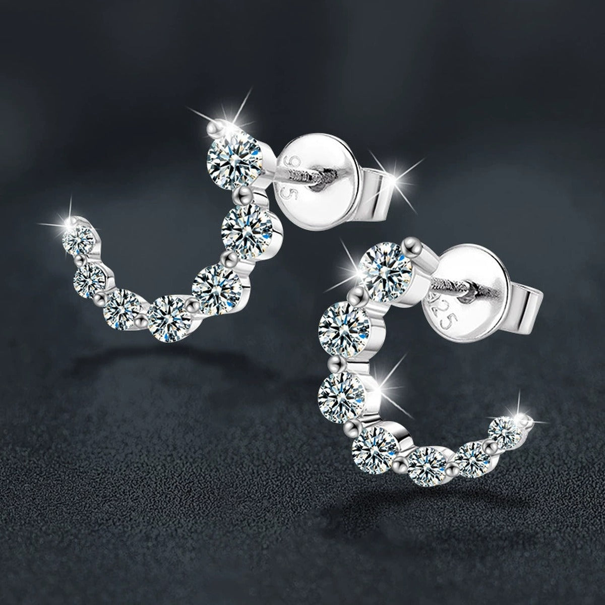 Crescent Moon Graduated Moissanite Stud Drop Earrings in Gold-Plated S925 sterling silver product scene view showing side profile