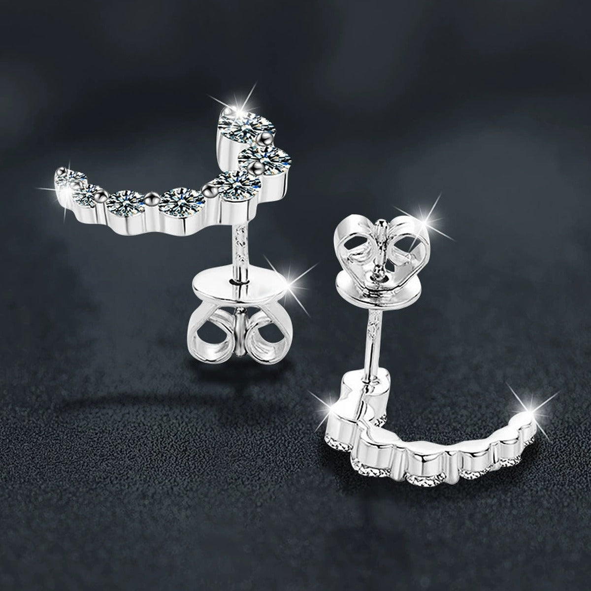 Crescent Moon Graduated Moissanite Stud Drop Earrings in Gold-Plated S925 sterling silver product scene view showing pair comparison