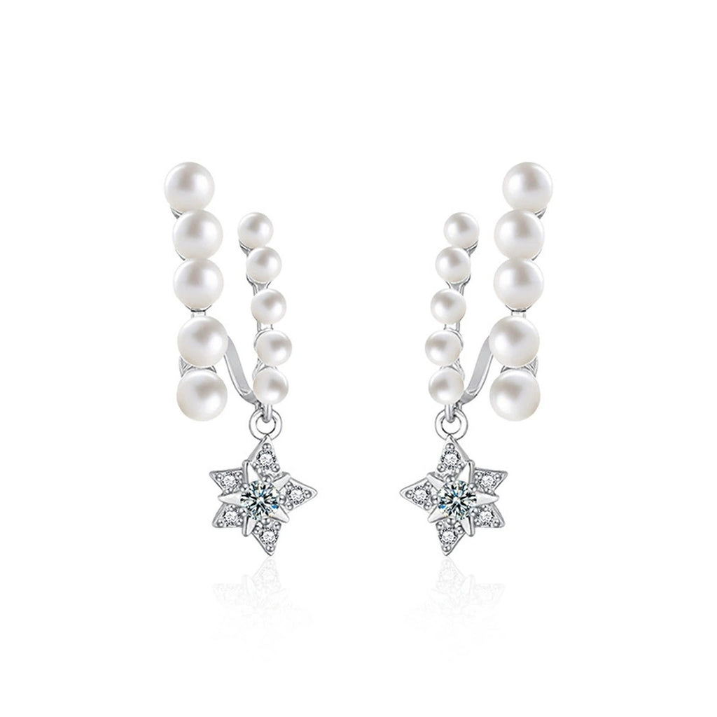 Pearl Star Moissanite Stud Dangle Earrings with CZ in White Gold-Plated S925 sterling silver white background product photo showing the pair, stone shape, and stud dangle earrings silhouette