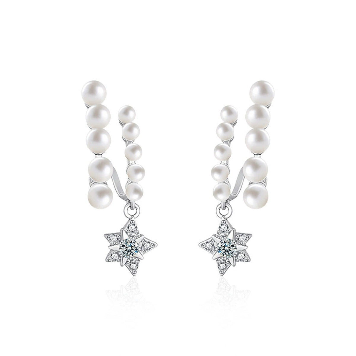 Pearl Star Moissanite Stud Dangle Earrings with CZ in White Gold-Plated S925 sterling silver white background product photo showing the pair, stone shape, and stud dangle earrings silhouette