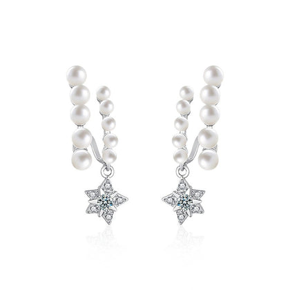 Pearl Star Moissanite Stud Dangle Earrings with CZ in White Gold-Plated S925 sterling silver white background product photo showing the pair, stone shape, and stud dangle earrings silhouette