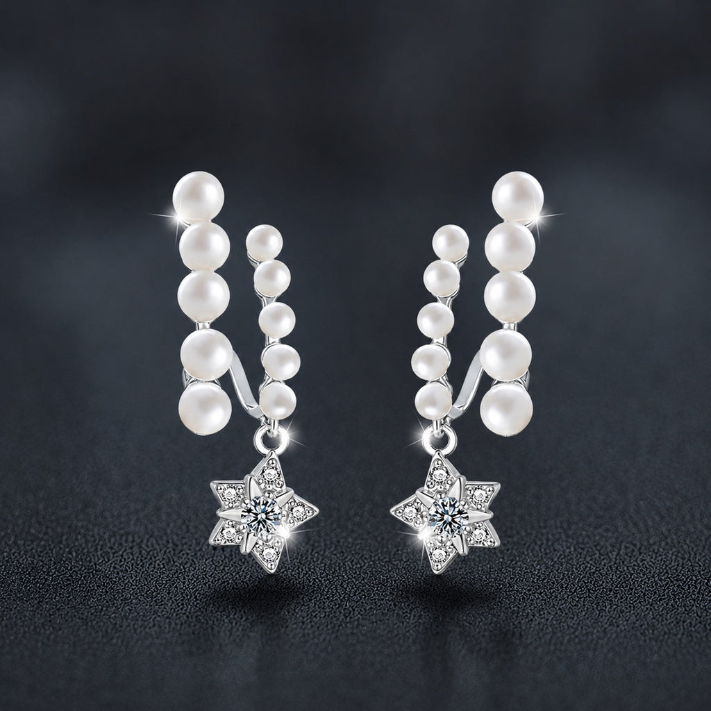 Pearl Star Moissanite Stud Dangle Earrings with CZ in White Gold-Plated S925 sterling silver product scene view showing front sparkle