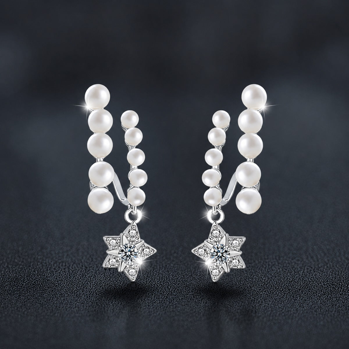 Pearl Star Moissanite Stud Dangle Earrings with CZ in White Gold-Plated S925 sterling silver product scene view showing front sparkle