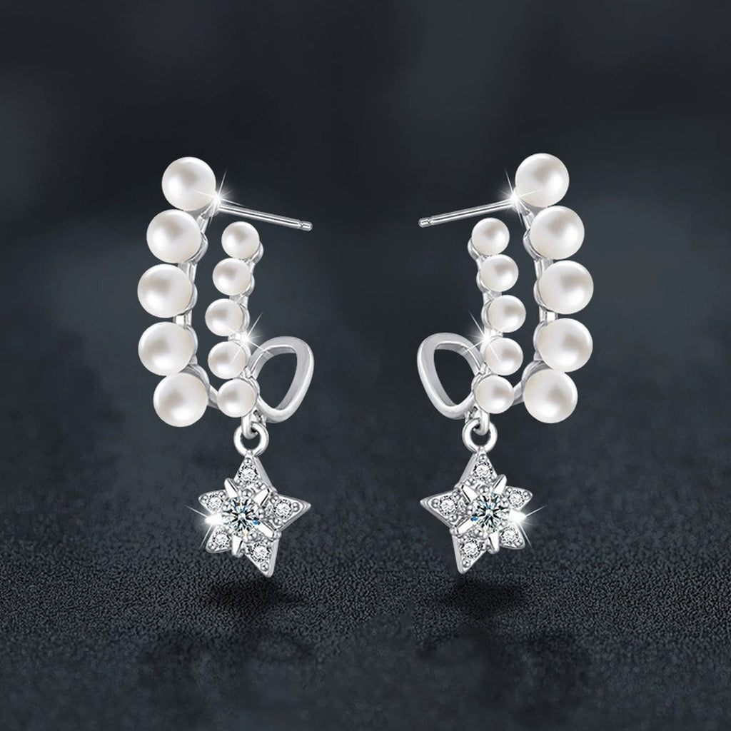 Pearl Star Moissanite Stud Dangle Earrings with CZ in White Gold-Plated S925 sterling silver product scene view showing angled setting detail