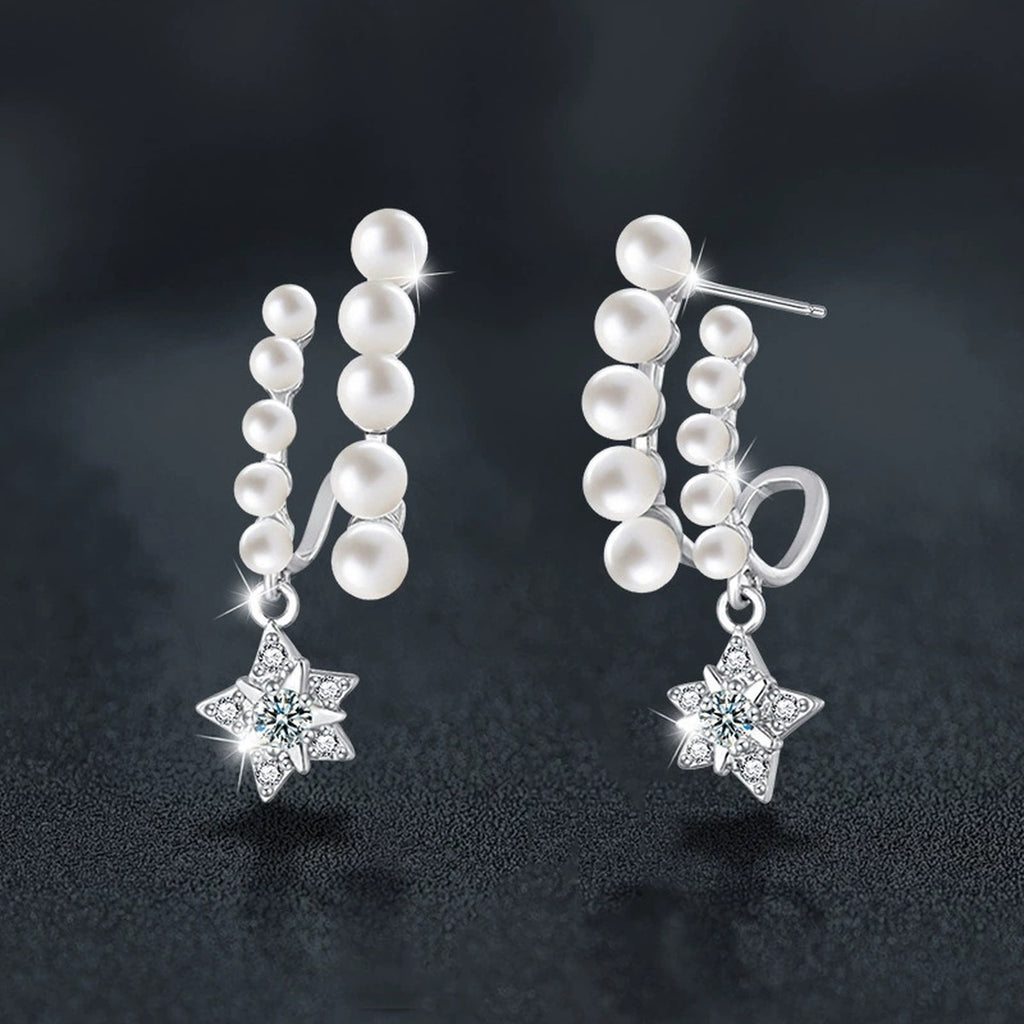 Pearl Star Moissanite Stud Dangle Earrings with CZ in White Gold-Plated S925 sterling silver product scene view showing side profile