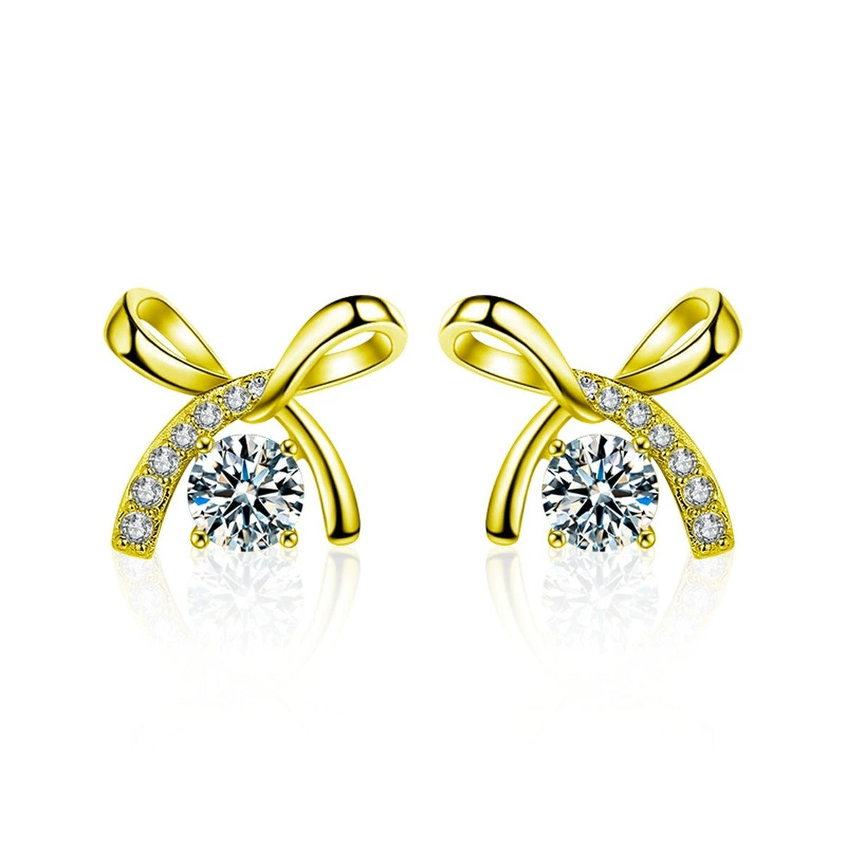 Ribbon Bow Round Moissanite Stud Earrings with CZ in Gold-Plated S925 sterling silver white background product photo showing the pair, stone shape, and stud earrings silhouette