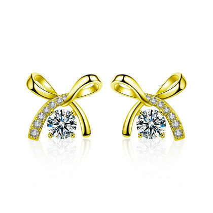 Ribbon Bow Round Moissanite Stud Earrings with CZ in Gold-Plated S925 sterling silver white background product photo showing the pair, stone shape, and stud earrings silhouette