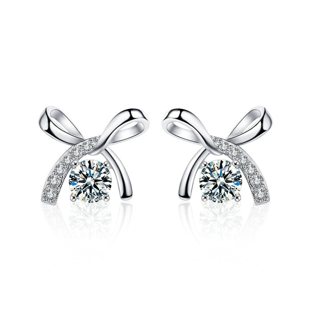 Ribbon Bow Round Moissanite Stud Earrings with CZ in Gold-Plated S925 sterling silver product scene view showing front sparkle
