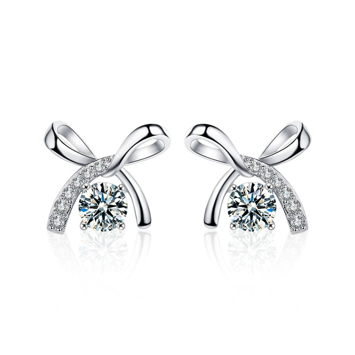 Ribbon Bow Round Moissanite Stud Earrings with CZ in Gold-Plated S925 sterling silver product scene view showing front sparkle