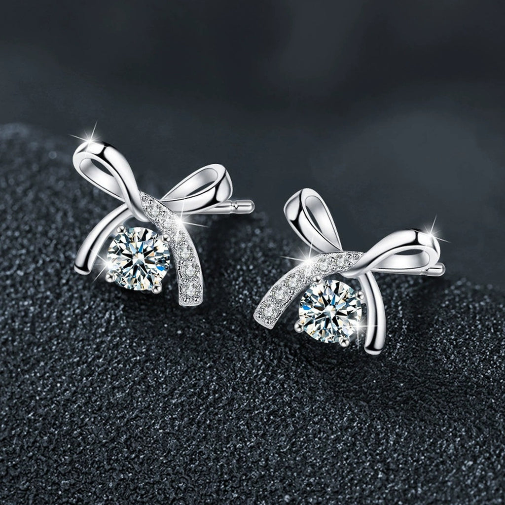 Ribbon Bow Round Moissanite Stud Earrings with CZ in Gold-Plated S925 sterling silver product scene view showing side profile