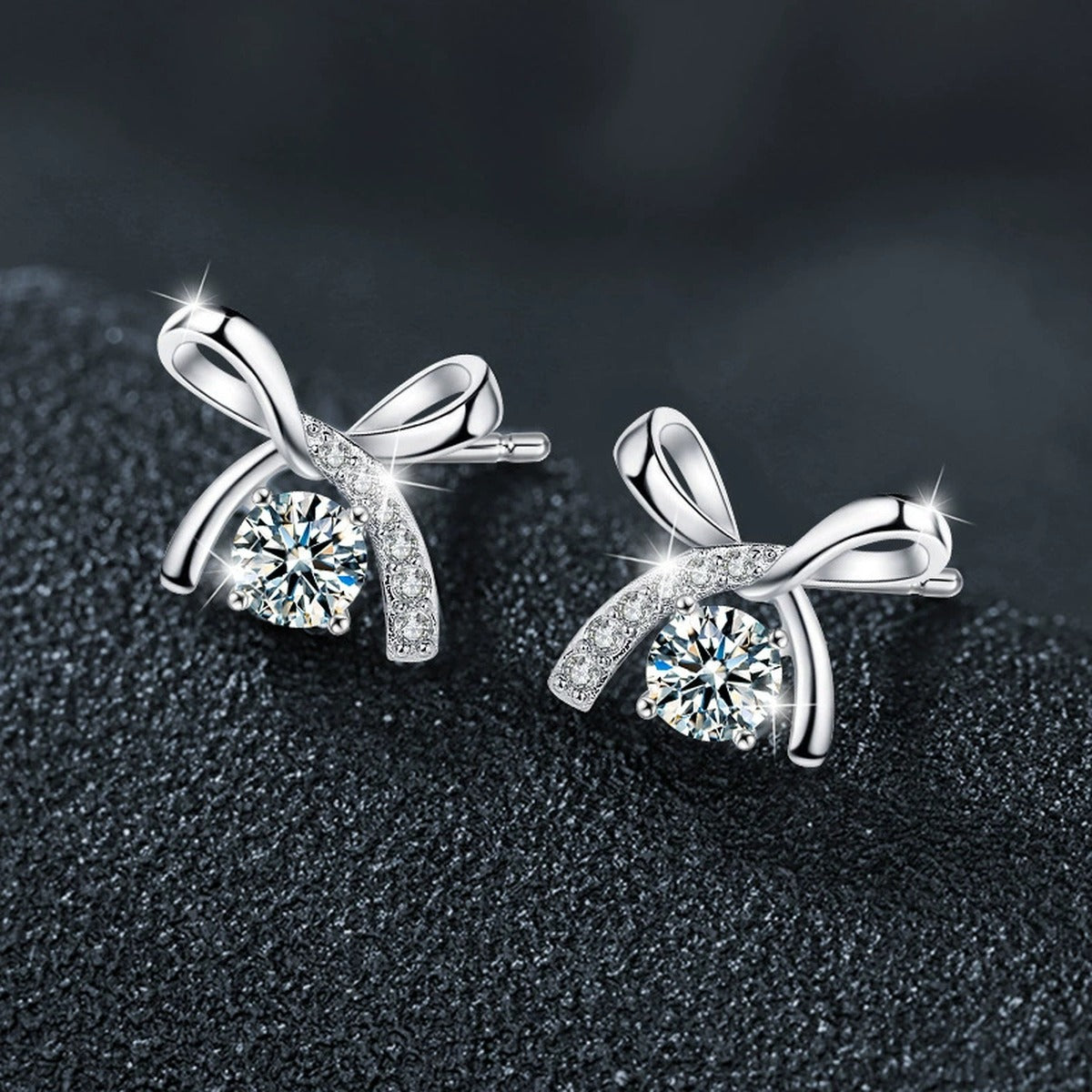 Ribbon Bow Round Moissanite Stud Earrings with CZ in Gold-Plated S925 sterling silver product scene view showing side profile