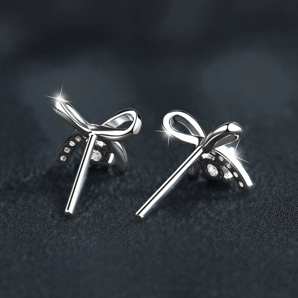 Ribbon Bow Round Moissanite Stud Earrings with CZ in Gold-Plated S925 sterling silver product scene view showing pair comparison