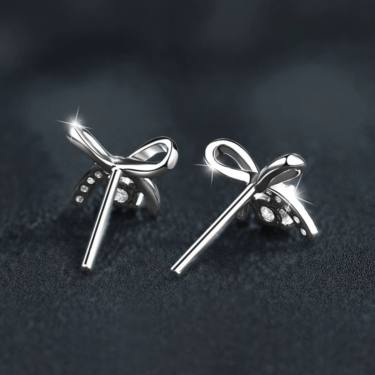 Ribbon Bow Round Moissanite Stud Earrings with CZ in Gold-Plated S925 sterling silver product scene view showing pair comparison