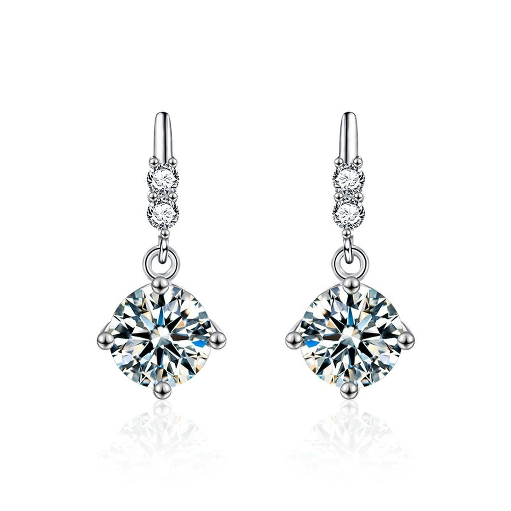 Four-Prong Round Moissanite Tassel Stud Dangle Earrings with CZ in Gold-Plated S925 sterling silver product scene view showing front sparkle