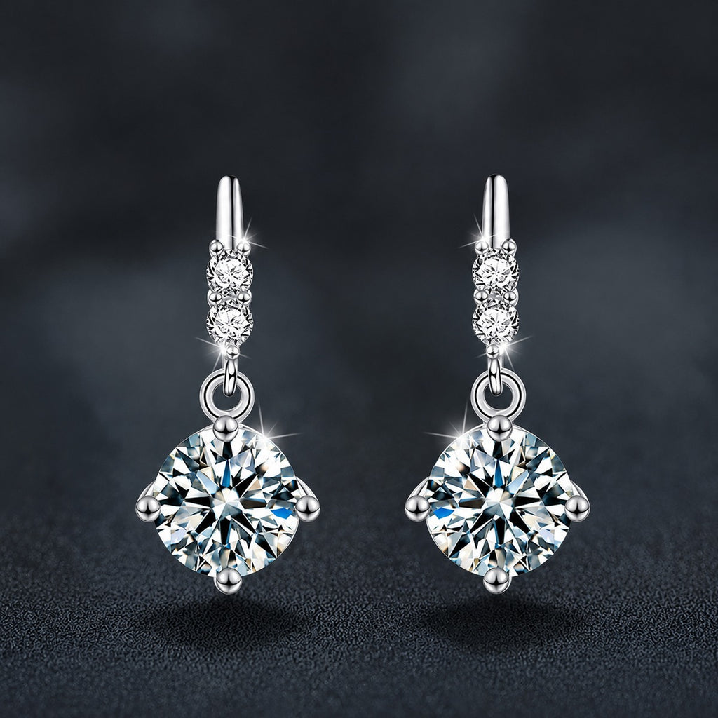 Four-Prong Round Moissanite Tassel Stud Dangle Earrings with CZ in Gold-Plated S925 sterling silver product scene view showing angled setting detail