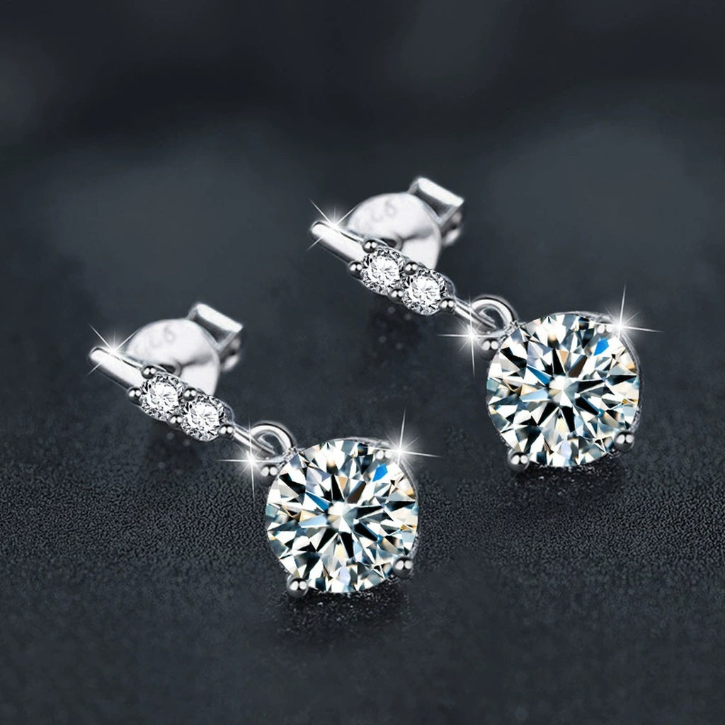 Four-Prong Round Moissanite Tassel Stud Dangle Earrings with CZ in Gold-Plated S925 sterling silver product scene view showing side profile