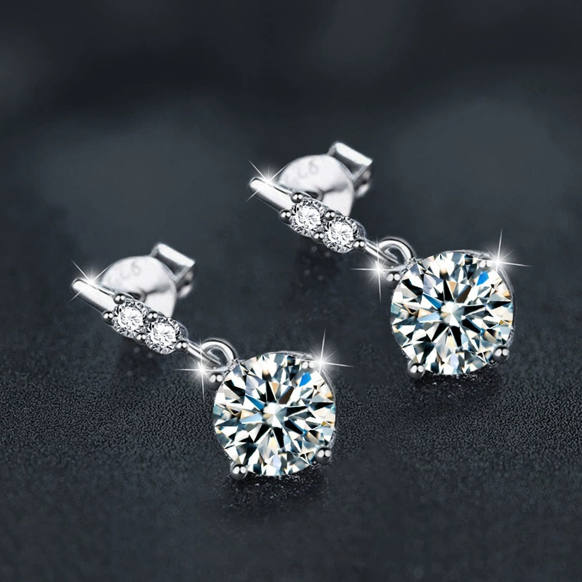 Four-Prong Round Moissanite Tassel Stud Dangle Earrings with CZ in Gold-Plated S925 sterling silver product scene view showing side profile
