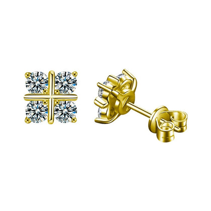 Four-Leaf Clover Round Moissanite Stud Earrings in Gold-Plated S925 sterling silver white background product photo showing the pair, stone shape, and stud earrings silhouette