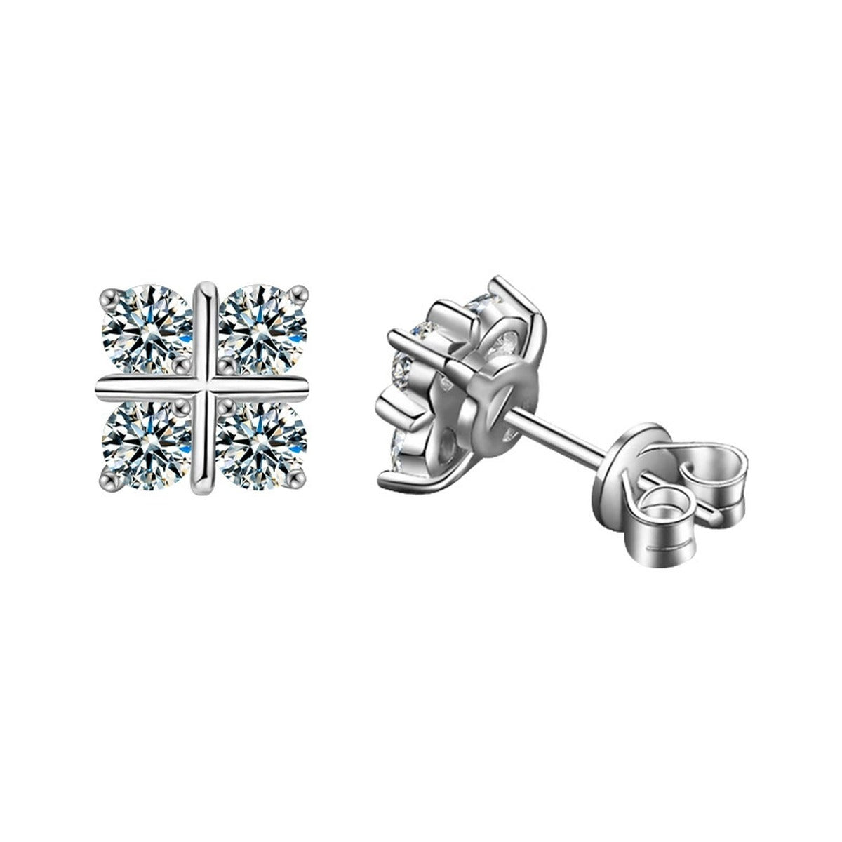 Four-Leaf Clover Round Moissanite Stud Earrings in Gold-Plated S925 sterling silver product scene view showing front sparkle