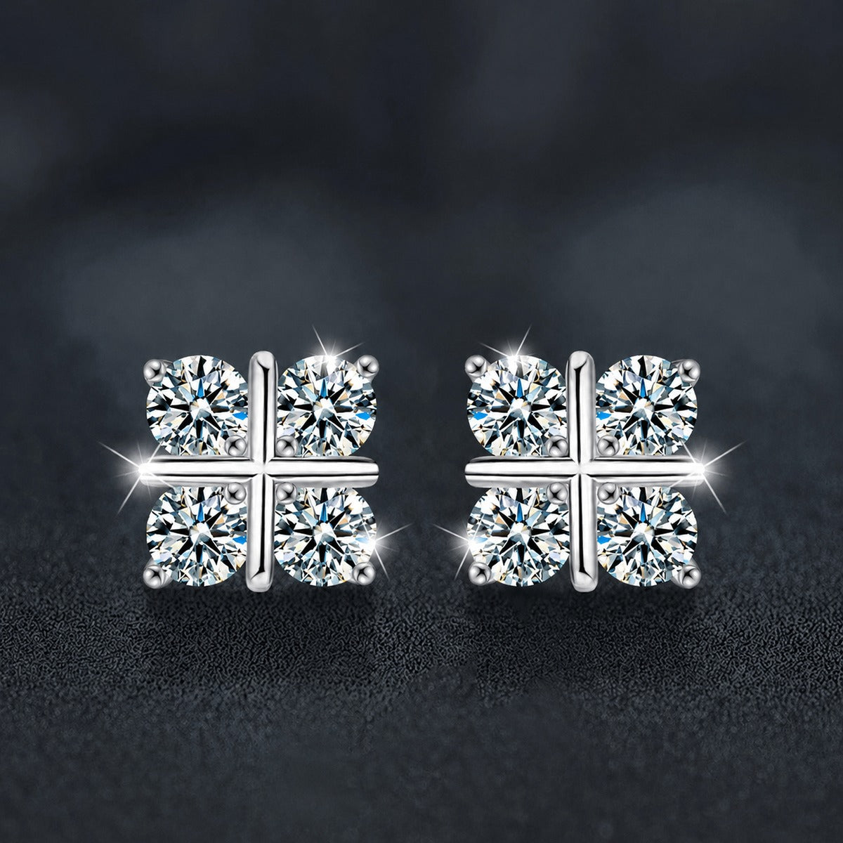 Four-Leaf Clover Round Moissanite Stud Earrings in Gold-Plated S925 sterling silver product scene view showing angled setting detail