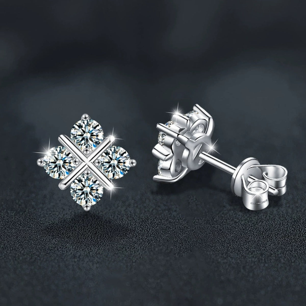 Four-Leaf Clover Round Moissanite Stud Earrings in Gold-Plated S925 sterling silver product scene view showing side profile