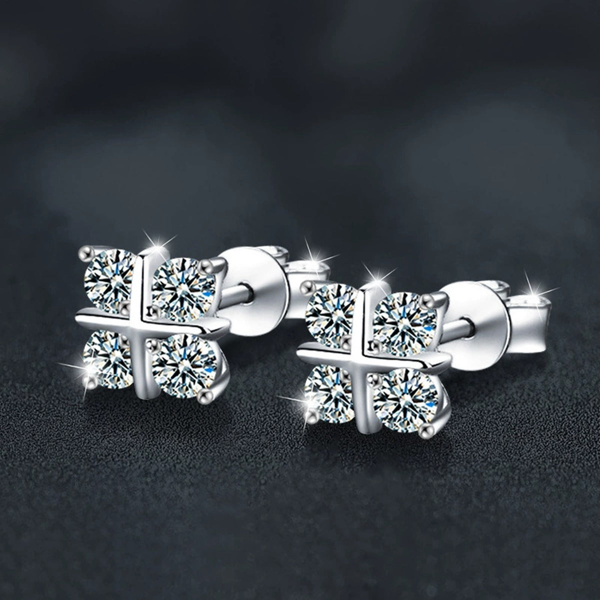 Four-Leaf Clover Round Moissanite Stud Earrings in Gold-Plated S925 sterling silver product scene view showing pair comparison
