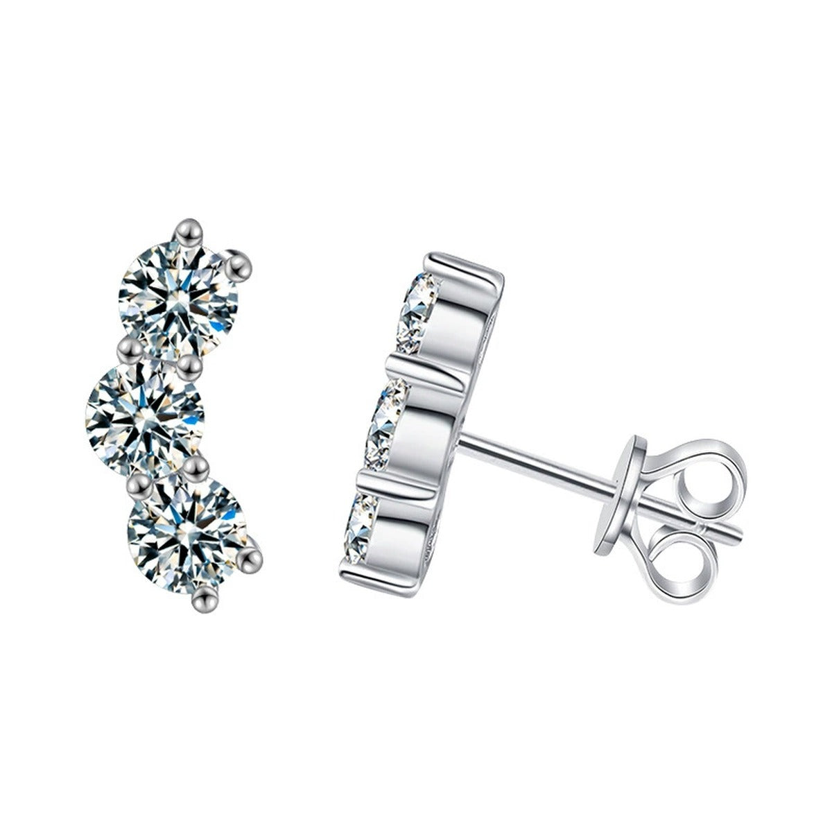 Smile Graduated Round Moissanite Ear Climber Stud Earrings in Gold-Plated S925 sterling silver product scene view showing front sparkle