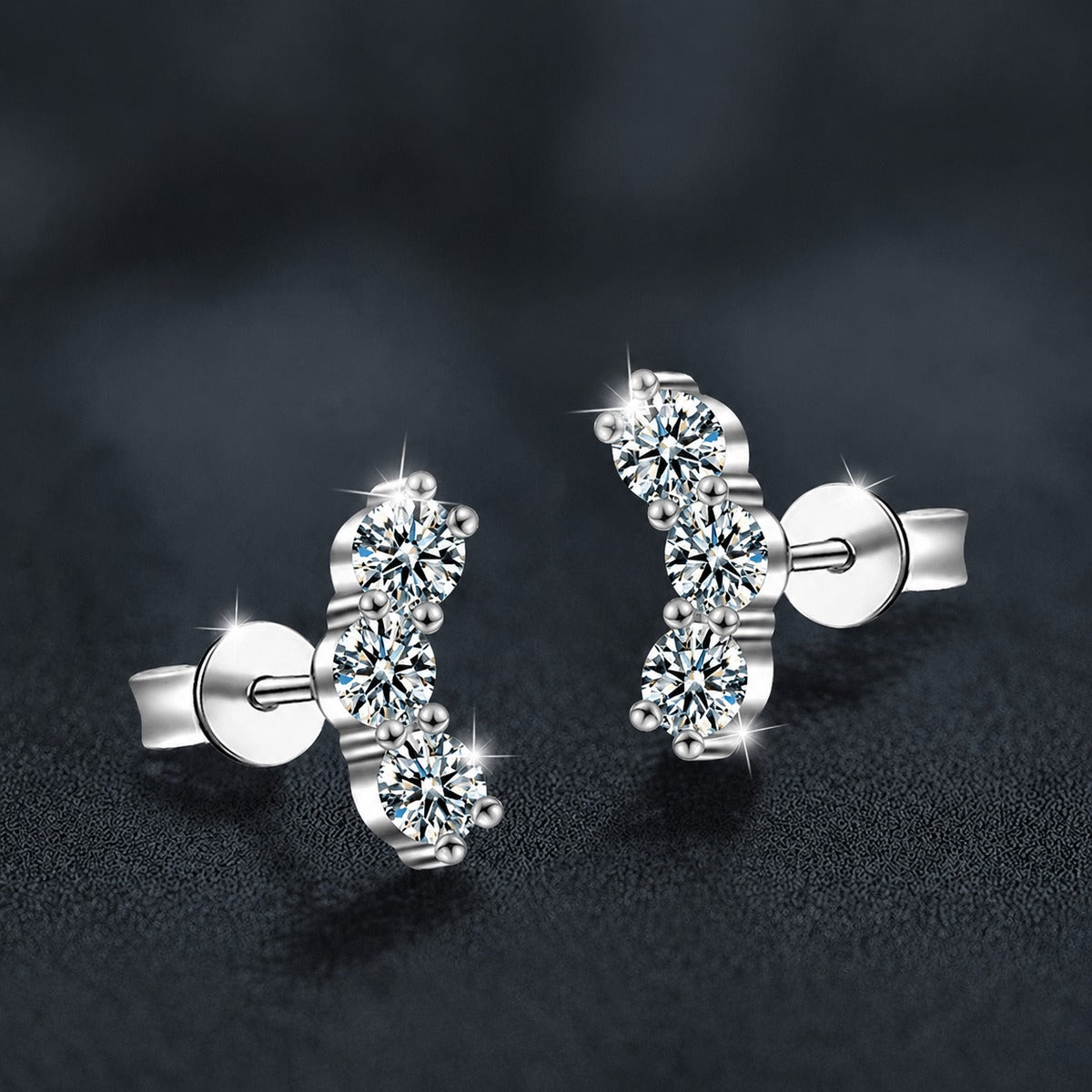 Smile Graduated Round Moissanite Ear Climber Stud Earrings in Gold-Plated S925 sterling silver product scene view showing angled setting detail