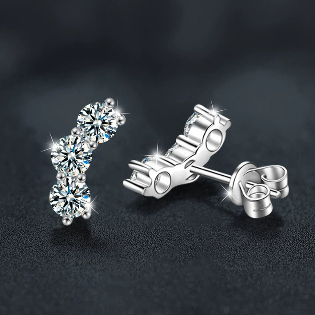 Smile Graduated Round Moissanite Ear Climber Stud Earrings in Gold-Plated S925 sterling silver product scene view showing side profile