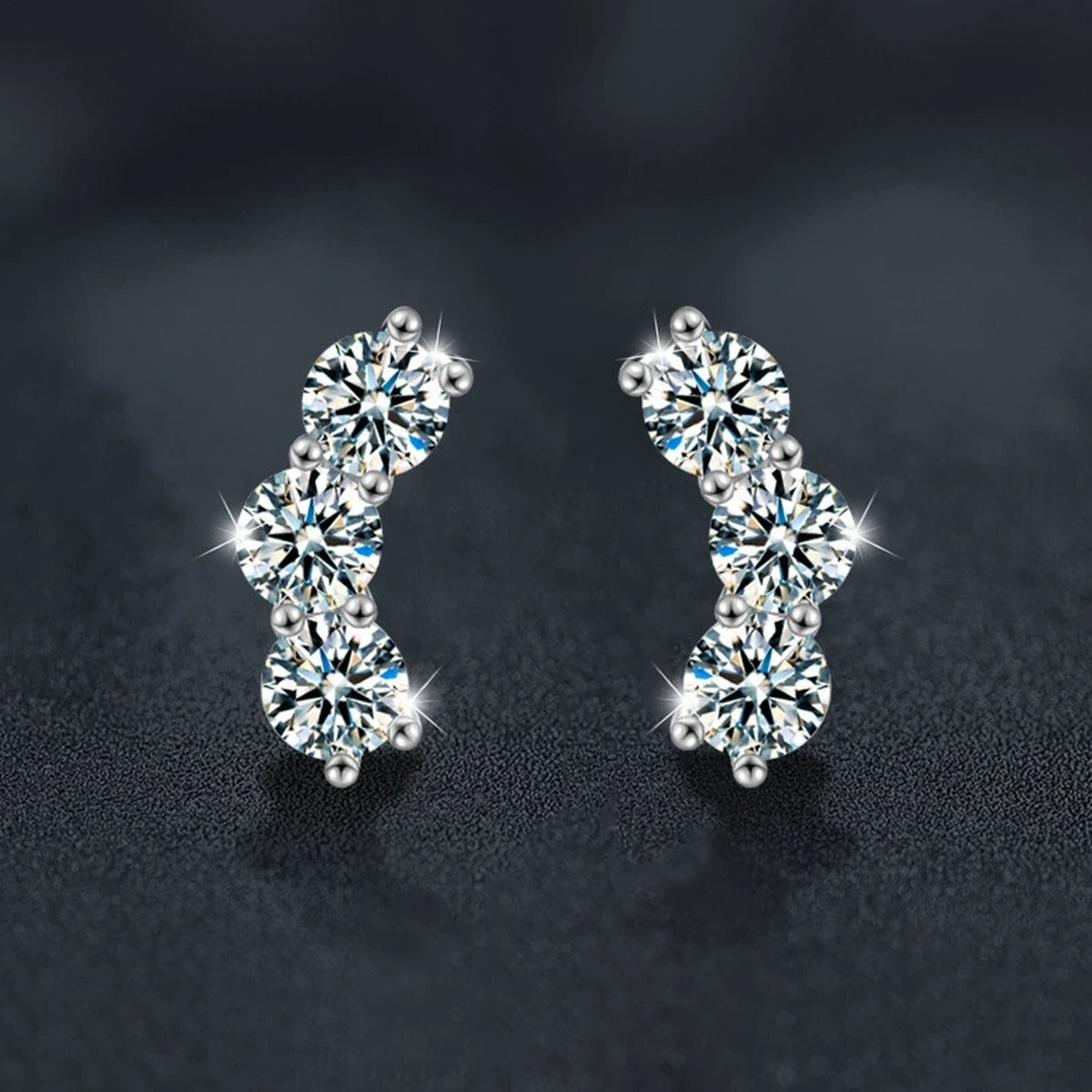 Smile Graduated Round Moissanite Ear Climber Stud Earrings in Gold-Plated S925 sterling silver product scene view showing pair comparison