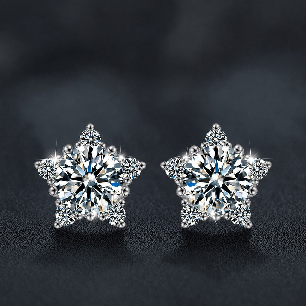 Five-Point Star Round Moissanite Stud Earrings with CZ in Gold-Plated S925 sterling silver product scene view showing angled setting detail