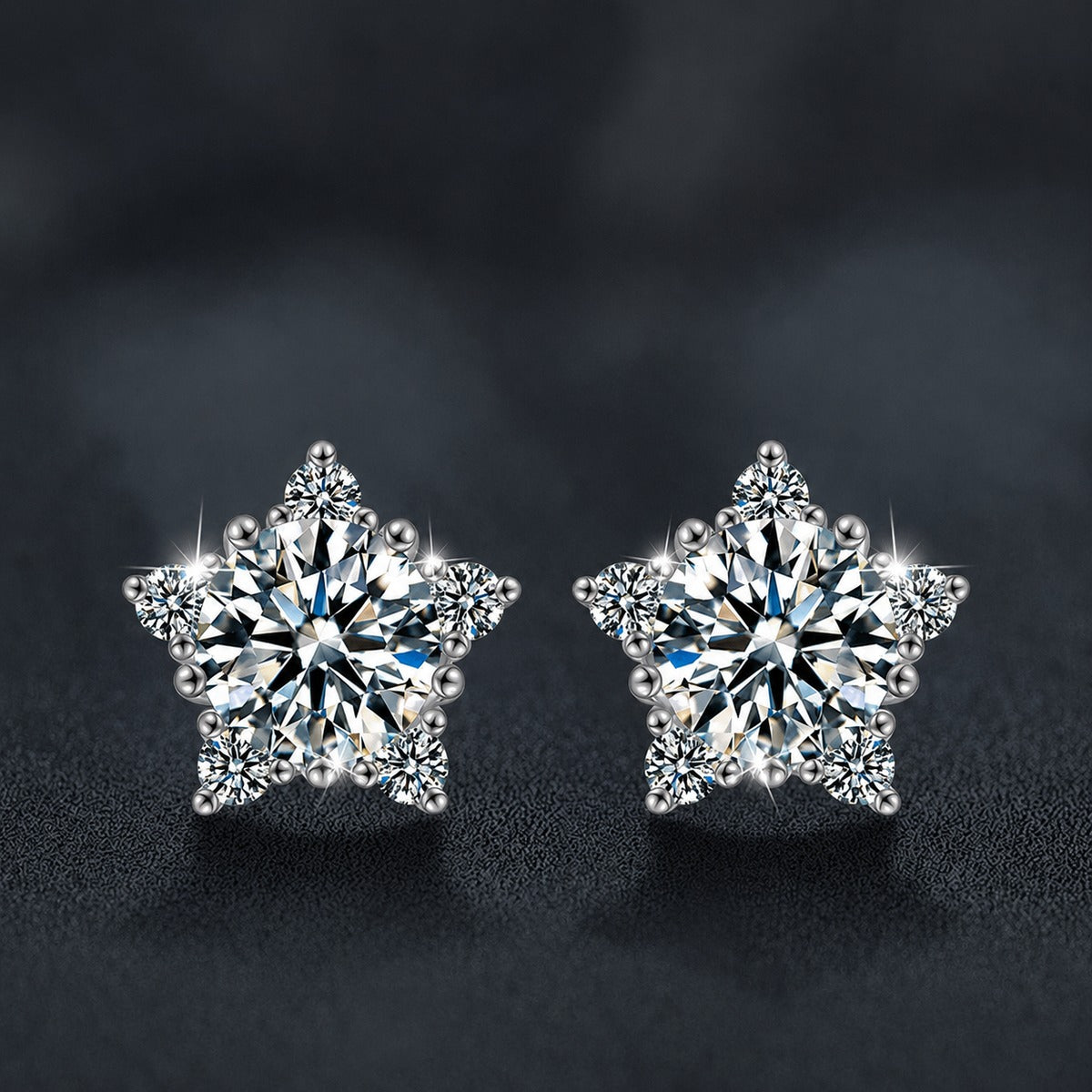 Five-Point Star Round Moissanite Stud Earrings with CZ in Gold-Plated S925 sterling silver product scene view showing angled setting detail
