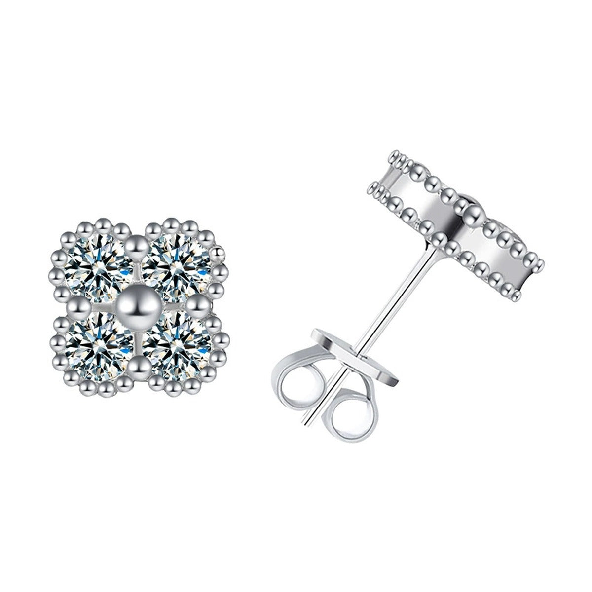 Four-Stone Clover Round Moissanite Stud Earrings in Gold-Plated S925 sterling silver product scene view showing front sparkle