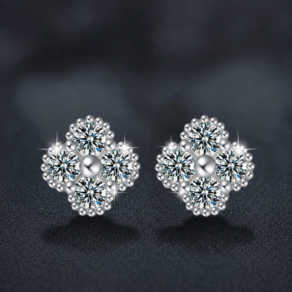 Four-Stone Clover Round Moissanite Stud Earrings in Gold-Plated S925 sterling silver product scene view showing angled setting detail