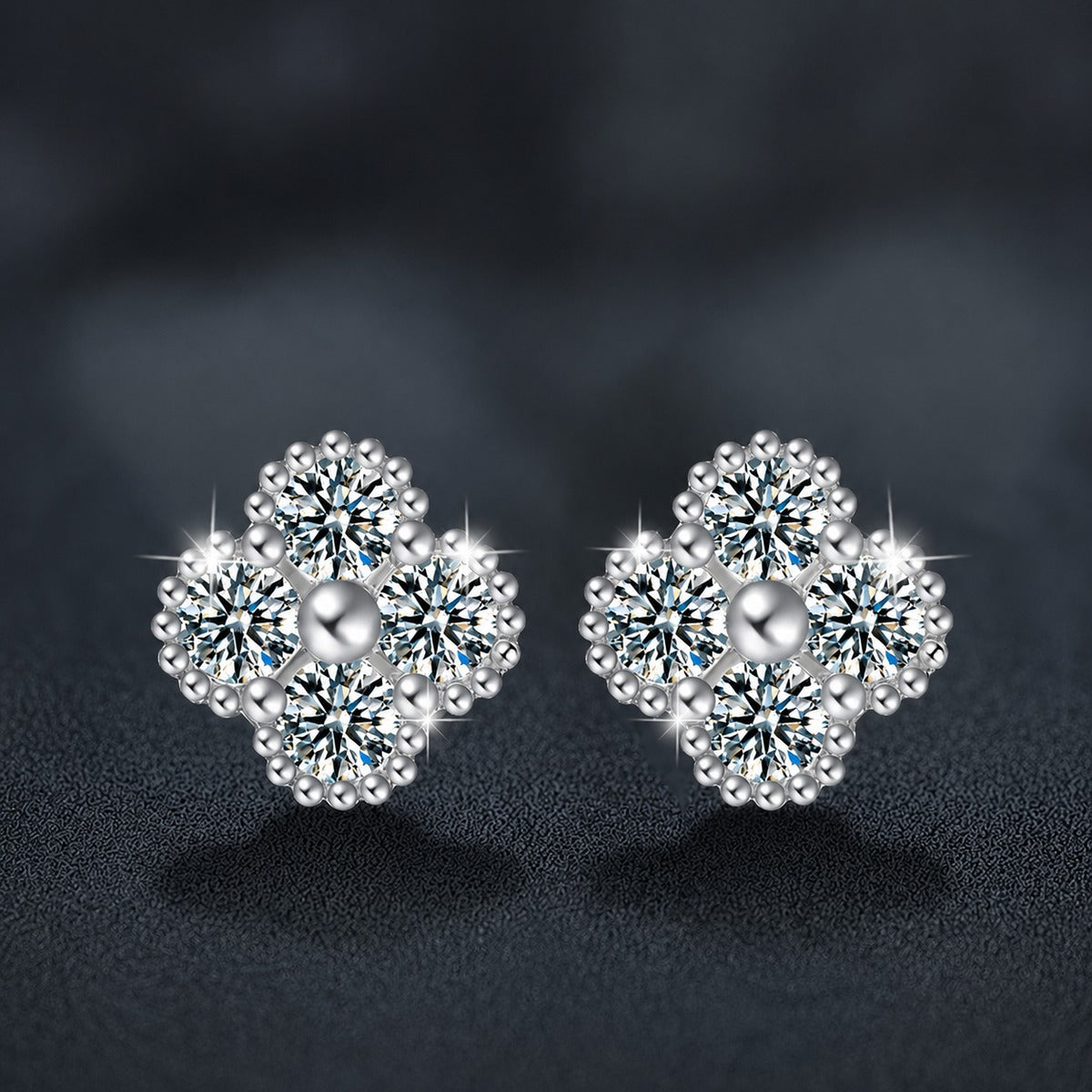 Four-Stone Clover Round Moissanite Stud Earrings in Gold-Plated S925 sterling silver product scene view showing angled setting detail