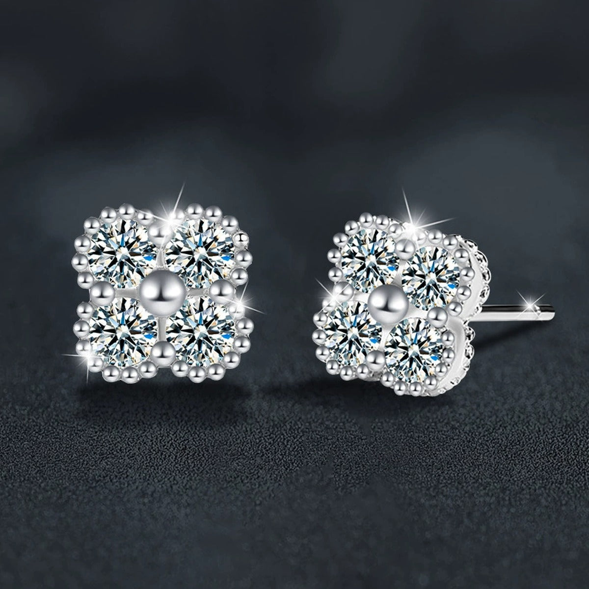 Four-Stone Clover Round Moissanite Stud Earrings in Gold-Plated S925 sterling silver product scene view showing side profile