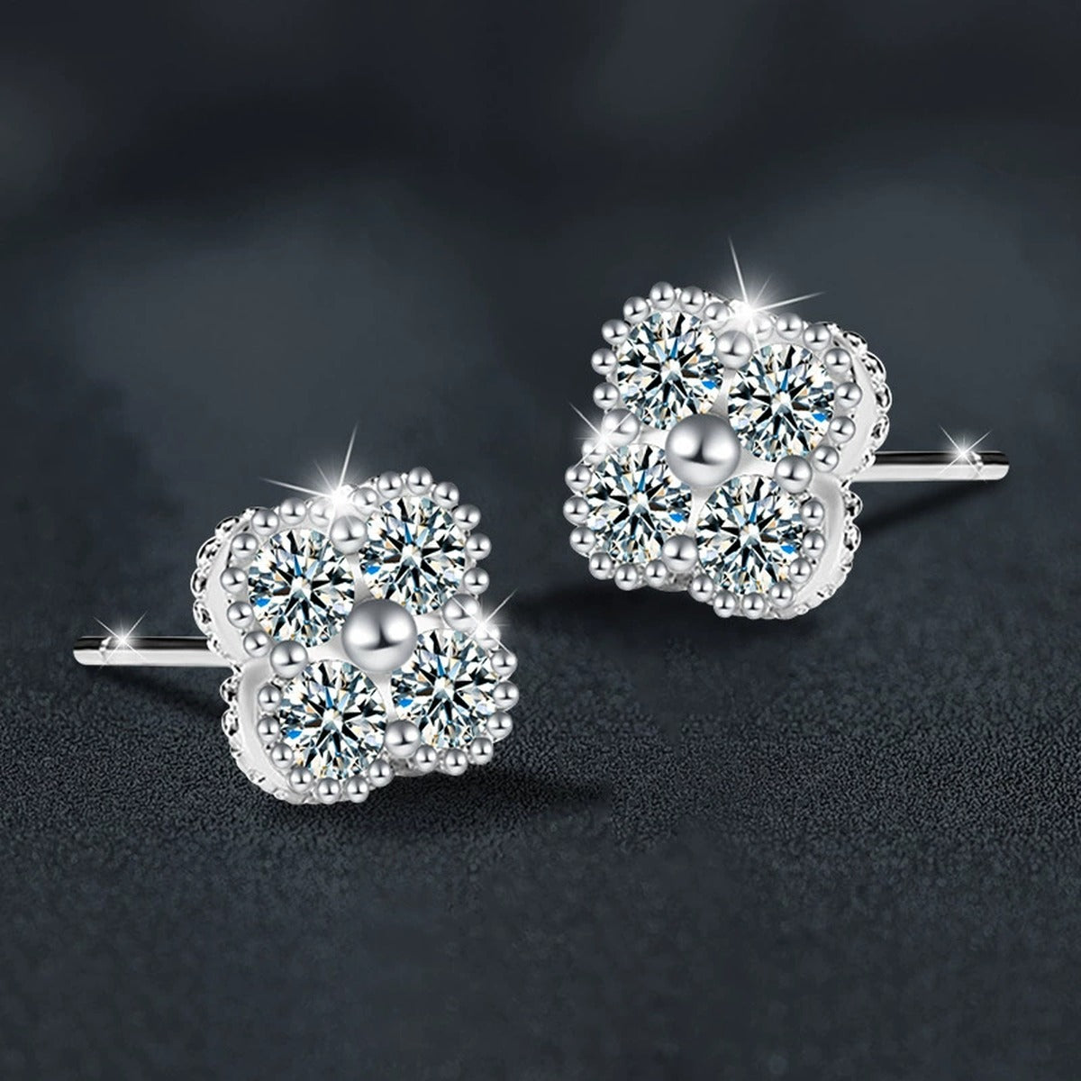 Four-Stone Clover Round Moissanite Stud Earrings in Gold-Plated S925 sterling silver product scene view showing pair comparison